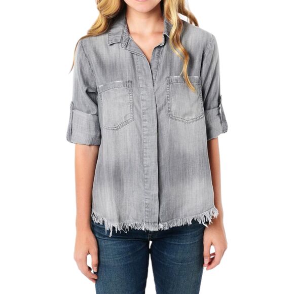 Bella Dahl frayed hem split back button down gray chambray - Picture 3 of 12